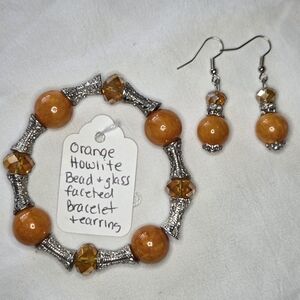 Orange Howlite Bead and Glass Faceted Bracelet and Earring Set